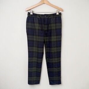 NWT Topman Mens Plaid Tapered Drawstring Trousers Navy & Green 28x25